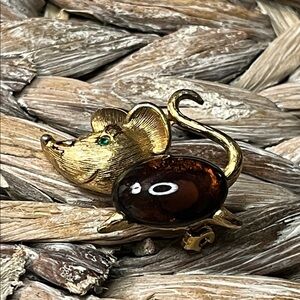 Gold Tone JJ Mouse Brooch with Faux Amber Body